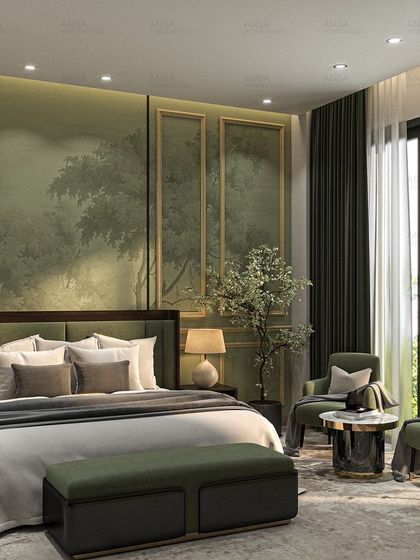 This 3D design for a hotel suite brings nature indoors. The soothing green color palette, elegant tree motif wallpaper, and large window create a serene and luxurious connection to the outdoors.
