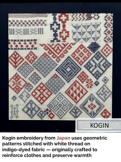 Kogin embroidery from Japan uses geometric patterns stitched with white thread on indigo-dyed fabric. Originally, it was a practical craft used to reinforce clothes and provide warmth.