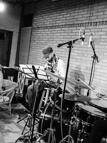 The band REFUGE in a black and white shot from their performance at the Koota Jazz Festival. The mood is intimate and focused, capturing the artists deep in their musical conversation.