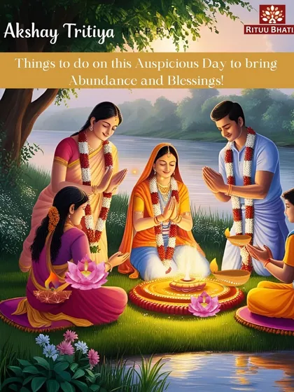 Akshaya Tritiya is a day of eternal abundance. This image of a family performing a puja by the river signifies the blessings that flow when we engage in sacred acts together. It is a perfect day to start new habits and projects.