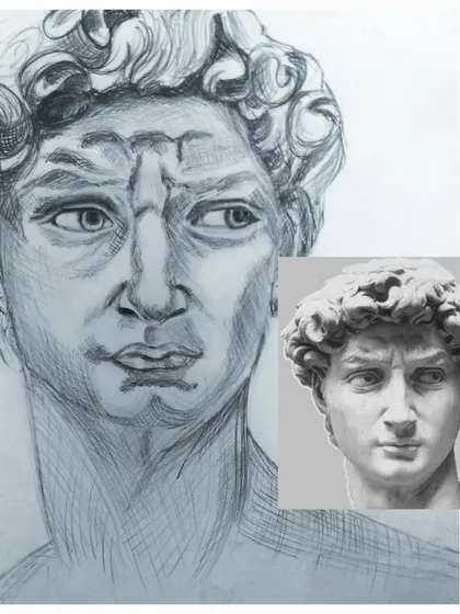 A pencil sketch of a classical bust, part of a portrait study series. This exercise helps in understanding facial structure, light, and shadow.