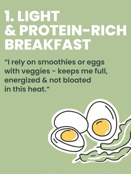 One of my top summer tips is to start the day with a light and protein-rich breakfast. I rely on smoothies or eggs with veggies to keep me energized and prevent bloating in the heat.