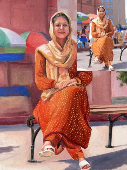 This image shows the original photo next to my painting, demonstrating how I can change the background and enhance the colors to create a more artistic composition.