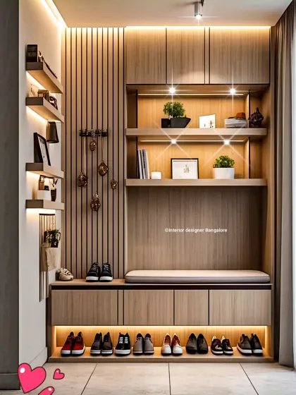 This comprehensive entryway storage unit features a seating bench, multiple levels of shoe storage, and decorative shelving. The warm, integrated lighting makes the space feel inviting and well-designed.