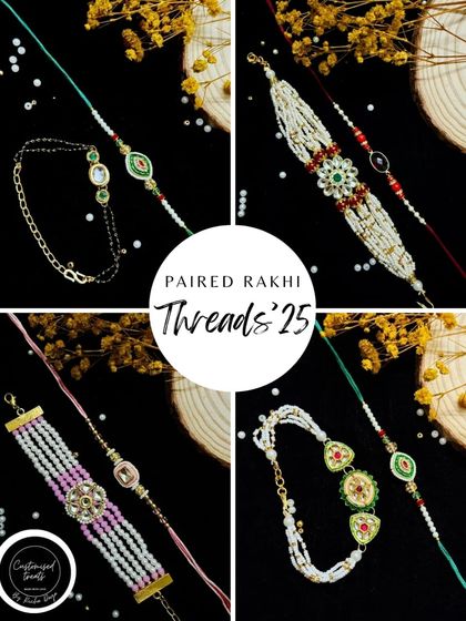 Another look at my second drop of paired Rakhi sets. This collage shows the variety, including mangalsutra-style lumbas, multi-strand pearl designs, and elegant kundan work.