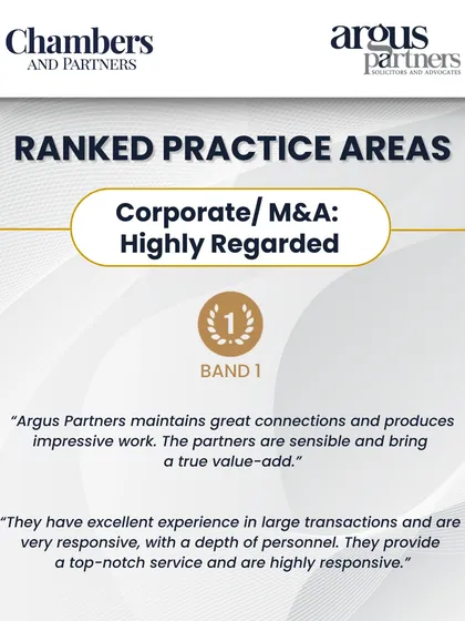 Our commitment to delivering value-added, sensible legal advice on large transactions is reflected in our Band 1 ranking for Corporate/M&A by Chambers and Partners. This recognition is a direct result of the trust our clients place in us and our team's deep experience.