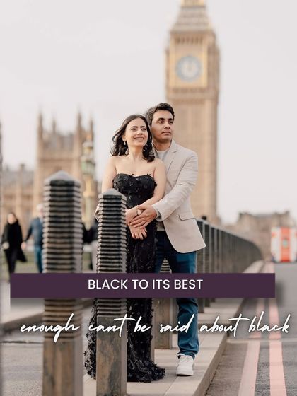 An elegant portrait on a London bridge with the Big Ben in the distance. This shot captures the classic, sophisticated romance of the city, making it a perfect destination for a timeless pre-wedding album.