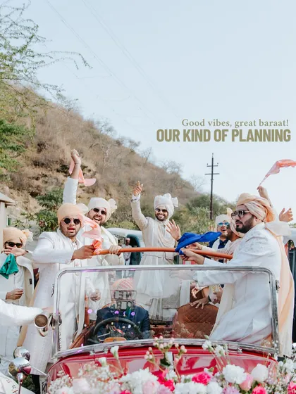 Good vibes, great baraat. This is our kind of planning. The groom and his friends celebrate in a vintage car, the perfect picture of a fun and stylish groom's procession.