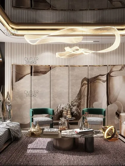 This well-lit living room uses neutral tones and textures to create a dramatic yet livable space. Sleek surfaces, bespoke furniture, and a unique wall art panel make this room a true show-stopper.
