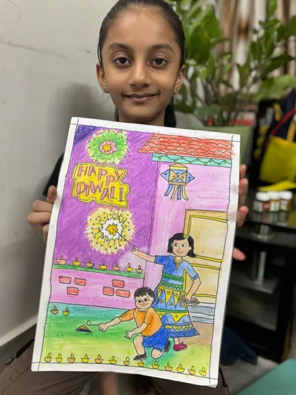 A 5th-grade student's detailed memory drawing for Diwali, showcasing her improving skills in composition and human figures.