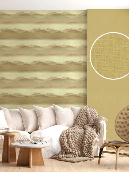 A subtle wave ombre pattern in earthy yellow tones, paired with a coordinating solid texture. This design from the Modern Art collection adds a sense of calm movement and warmth to the room.