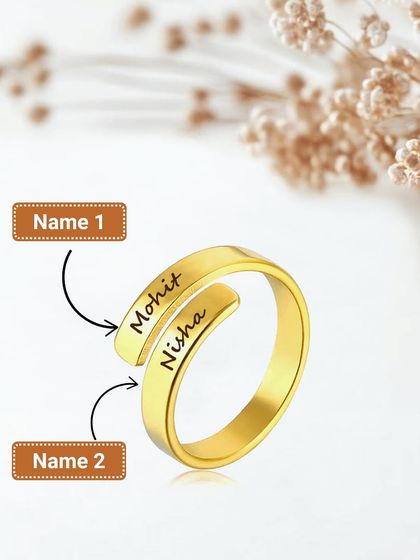 This graphic shows exactly where we engrave the two names on our custom couple ring, making it easy to visualize your own personalized piece.