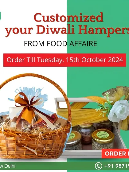 A graphic highlighting our customizable Diwali hampers, available in elegant baskets and trays to suit your gifting needs.