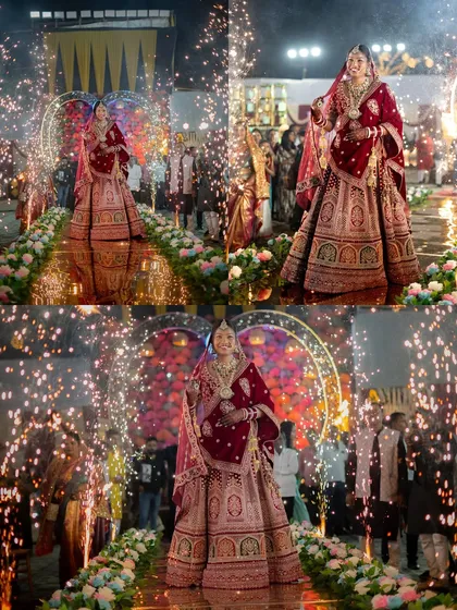A collage showcasing the bride's spectacular entrance. Surrounded by an aisle of flowers and brilliant sparklers, this is a truly cinematic wedding moment. We focus on capturing the scale and energy of your grand entrance, ensuring it looks as magical as it feels.