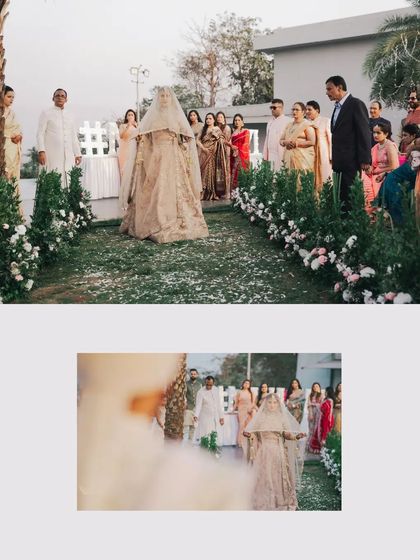 A collage of the bride's entry, walking down a flower-lined aisle towards her waiting groom.