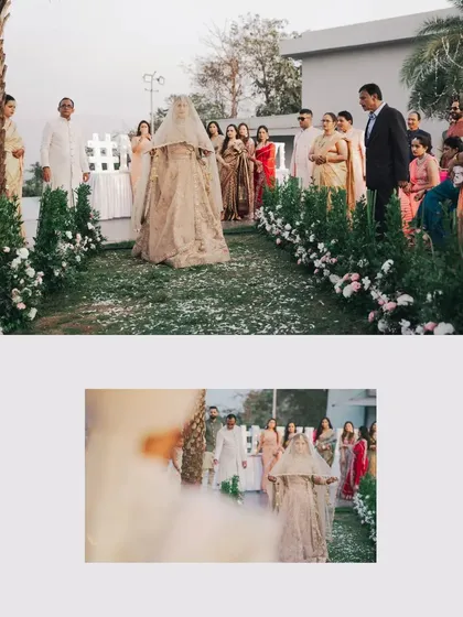 A collage showing the bride's grand entrance under a veil, with her family looking on with love and pride.