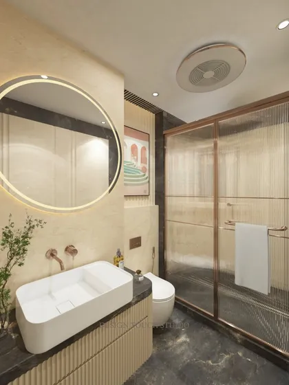 This render showcases the fluted vanity and the modern, rectangular vessel sink, complemented by a large, circular backlit mirror.
