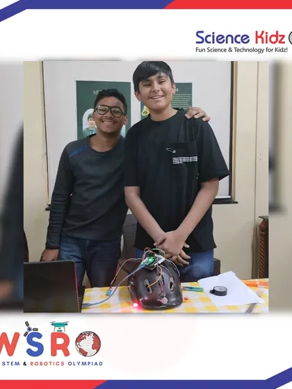 Two of our students, Kush and Meer, presenting their smart helmet project that won them 1st Runner Up in the Young Scientist category at the WSRO Pune Qualifiers.