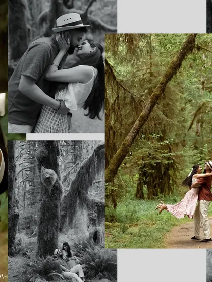 A dynamic collage of moments from a rainforest elopement. It combines playful lifts, intimate kisses, and serene portraits to tell the full story of their special day.