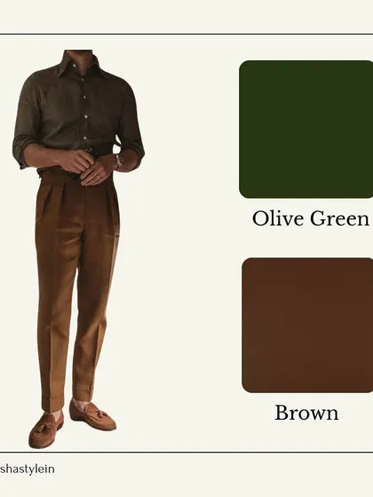 Olive green and brown is a timeless and masculine color combination. An olive green shirt with brown trousers creates a grounded, confident look that works well in both business casual and smart casual settings.