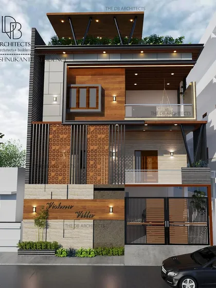 Another variation of the "Vishnu Villa" facade, showing a different pattern for the jali screen and compound wall details.