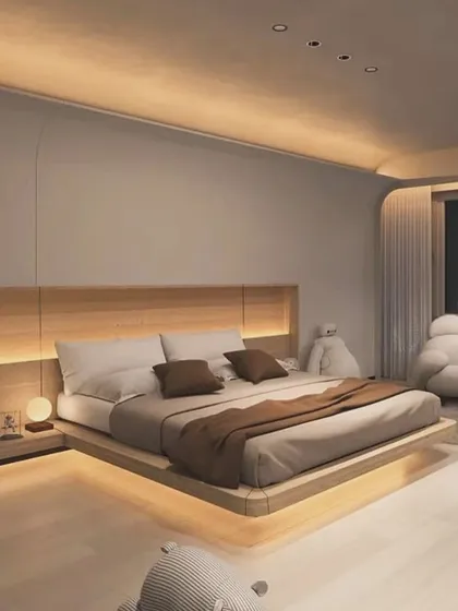 A 3D design concept for a minimalist bedroom with a floating bed platform. The integrated LED lights under the bed and along the headboard create a warm, ambient glow, making the room feel spacious and modern.
