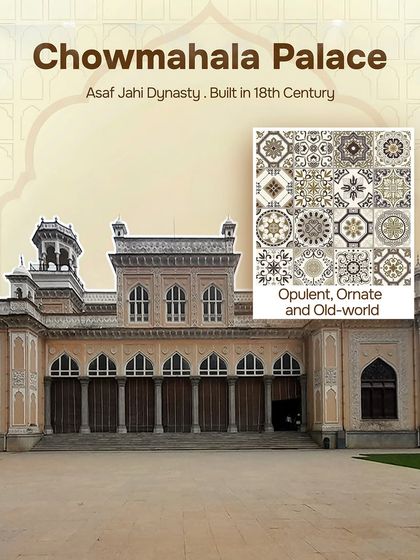 This opulent and old-world tile pattern is inspired by the Chowmahala Palace. The ornate designs reflect the grandeur of the 18th-century Asaf Jahi Dynasty palace.