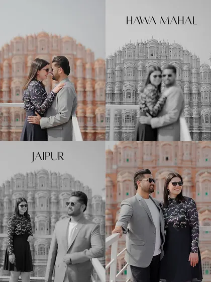 A collage showcasing a Hawa Mahal shoot, mixing color and black and white photos to highlight the architecture and the couple's stylish look.