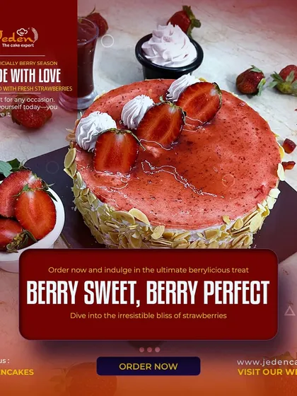 Our strawberry cake is made with love and loaded with fresh strawberries. The sides are coated in crunchy almonds, and the top is adorned with sliced berries and cream swirls, making it a berrylicious treat.