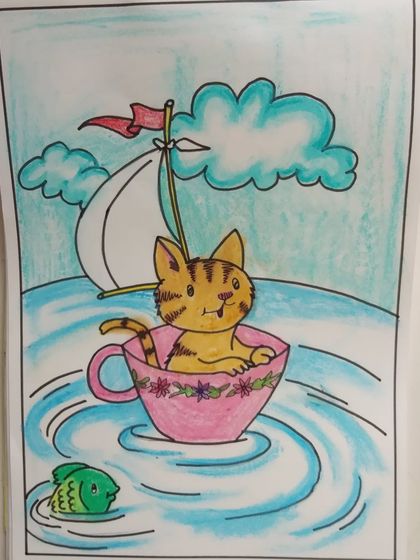 A cute cat sailing in a teacup. This is a wonderful example of the creative and whimsical art my junior students make.
