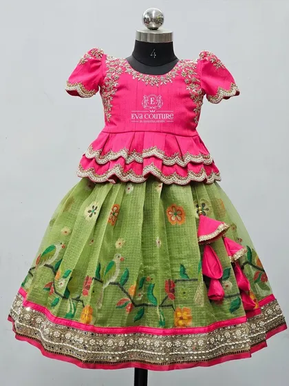 Another view of the pink and green bird-print Zari Kota lehenga.