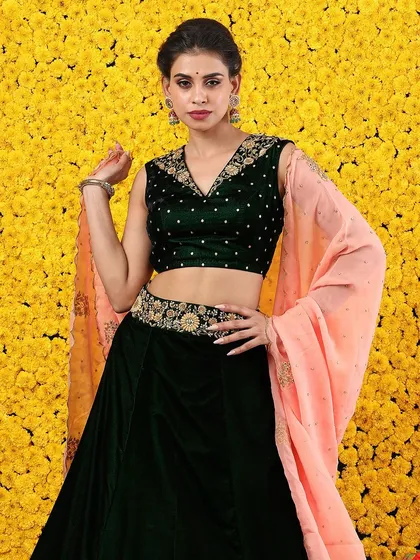 A close-up of the embroidered velvet blouse, showcasing the V-neckline and delicate buti work.