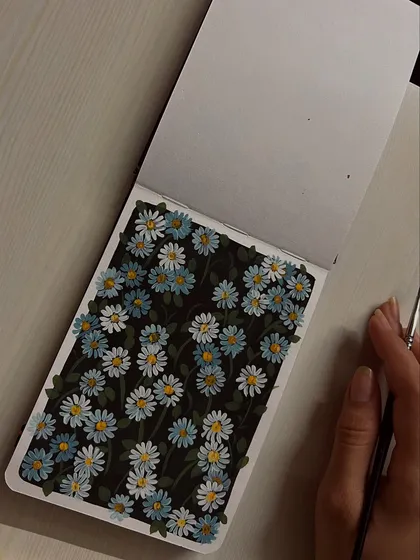 A detailed gouache painting of a field of daisies.