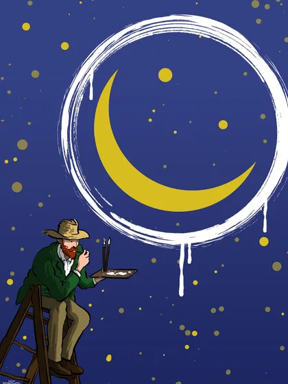 A whimsical illustration where Vincent, on a ladder, paints a smiling face in the night sky. It's a simple, joyful act of bringing a smile to the world, reflecting the idea that creating happiness can be a beautiful, straightforward gesture.