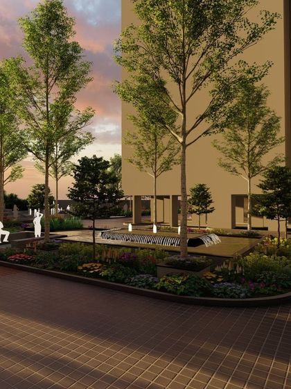 An identical render of the residential plaza, focusing on the interplay between the structured hardscape and the soft, organic forms of the planting beds.