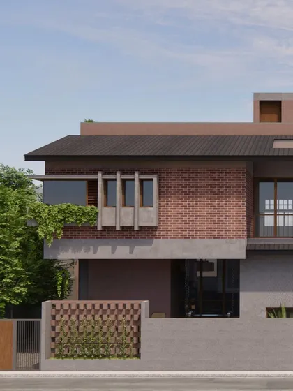 **Dwelling in Frames, Ahmedabad:** This architectural rendering shows our process of turning concept into reality. For this home, we designed the walls and windows to act as frames, each capturing a specific view of the landscape, creating a quiet, continuous dialogue between the interior and the natural world.