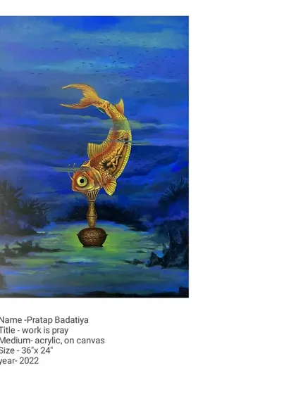 'Work is pray' is a 36 by 24-inch acrylic painting from 2022. The piece elevates the concept of labor to a form of worship, symbolized by the iconic fish motif transformed into a sacred object.