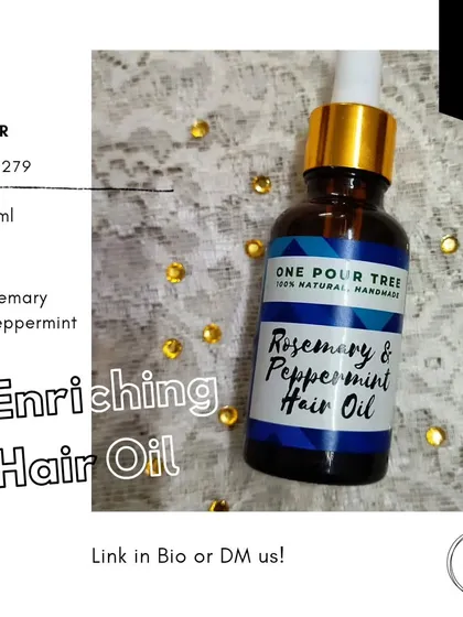 My new Enriching Hair Oil, made with Rosemary and Peppermint. These ingredients are known to help stimulate the scalp and promote healthy hair.