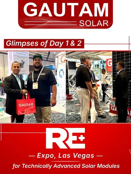 Our team with a visitor at the RE+ Expo in Las Vegas. We are proud to showcase our technically advanced solar modules on a global stage.