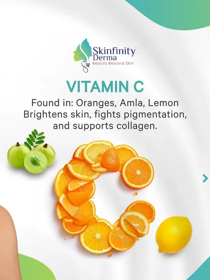 Vitamin C, found in oranges and amla, is essential for brightening skin, fighting pigmentation, and supporting collagen production. It's a key nutrient for a radiant glow.