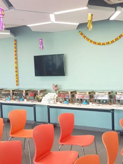 The festive setup for the Diwali corporate lunch at Jotun India, complete with traditional marigold decorations.