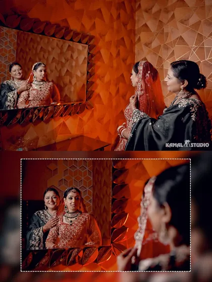 A touching moment between the bride and her mother, captured through a reflection, adding a layer of depth and emotion.