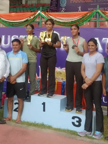 Our girls' team showing their dominance at the CBSE Cluster 19 meet. Standing on the podium with their trophies, they prove that hard work pays off.