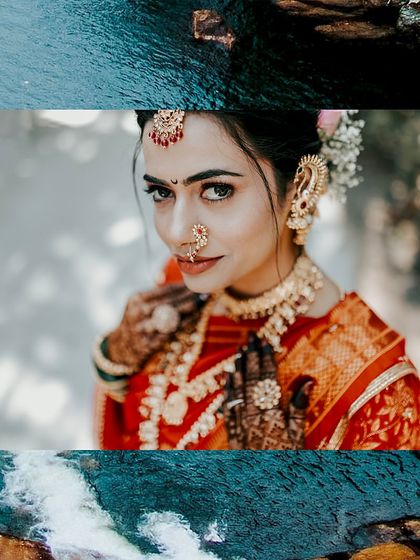 A captivating close-up of a beautiful bride on her wedding day, her expressive eyes and traditional jewelry making for a powerful portrait.
