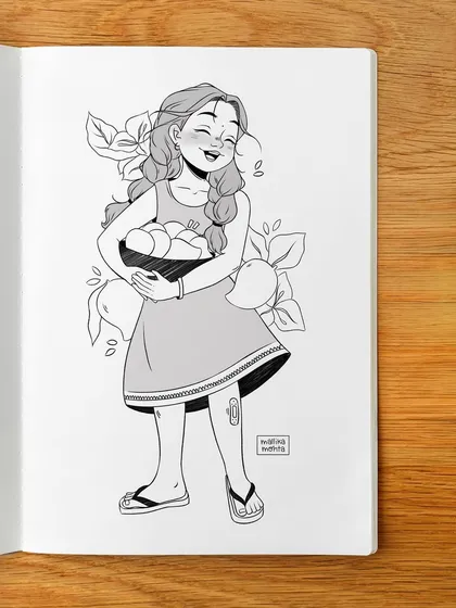 The initial black and white sketch of my 'summer nostalgia' piece, shown in a digital sketchbook. This was the first step in capturing a childhood memory of mango season.