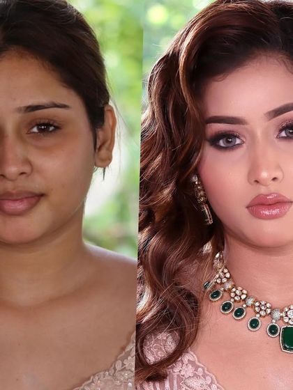 A full glam engagement look. This before-and-after shows how I can create a dramatic and glamorous look while still ensuring the skin looks fresh and radiant.