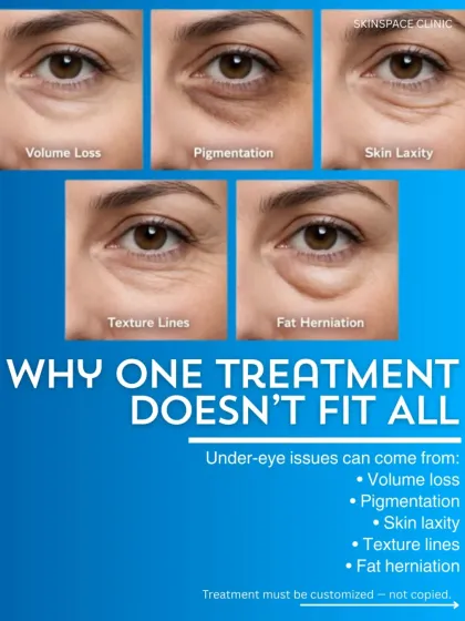 Under-eye concerns are complex, and a single treatment rarely fits all. This graphic explains the different causes we diagnose, from volume loss and pigmentation to skin laxity. We believe in creating a customized treatment plan for natural-looking results.