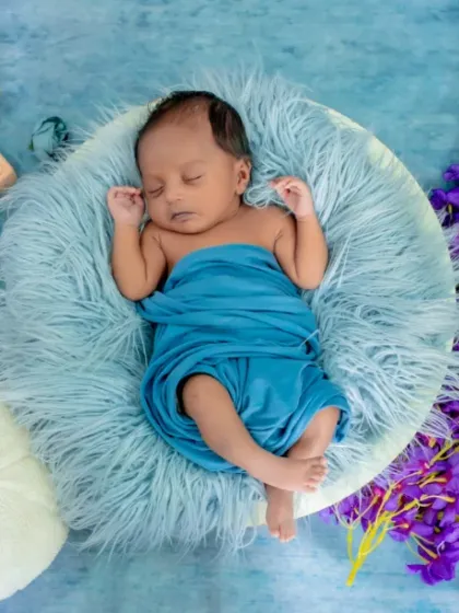 Dreaming in a field of lavender. The combination of the cool blue and vibrant purple in this setup creates a serene and beautiful portrait.