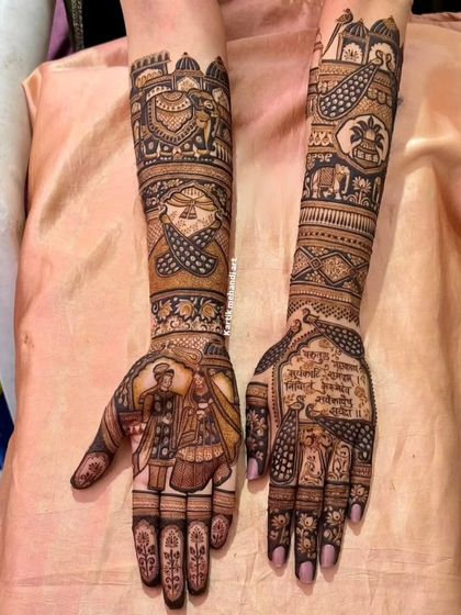 This design tells a beautiful story with a bride and groom portrait on one palm and a wedding shloka on the other. The arms are adorned with baraat and doli scenes.