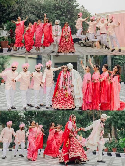 A fun and energetic collage of the bride and groom with their entire wedding party, jumping and dancing together.